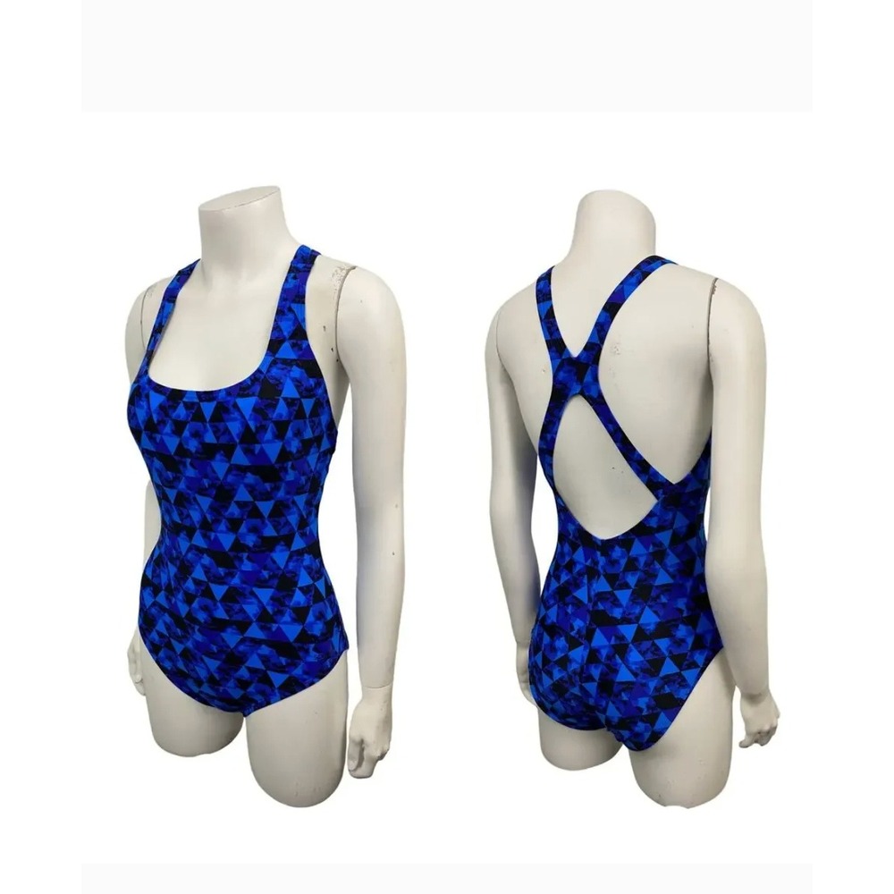 Speedo Womens Blue Black Geometric Triangle Racerback One Piece Swimsuit Size 18